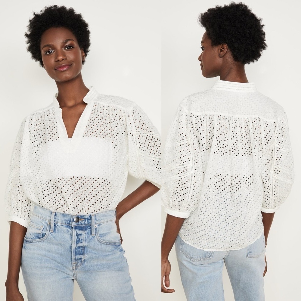 Frame Cali white eyelet top size small puff sleeve peasant blouse bohemian sheer